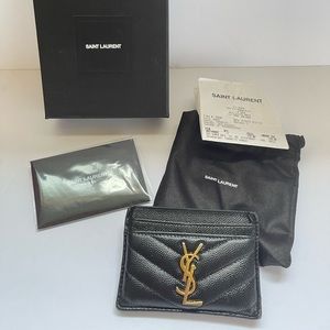 Authentic Saint Laurent Credit Card Holder Mo Grain de Pourdre Embossed Leather